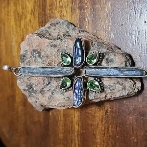 Artisan Cross Pendant with KYANITE, PERIDOT AND BIWA PEARLS